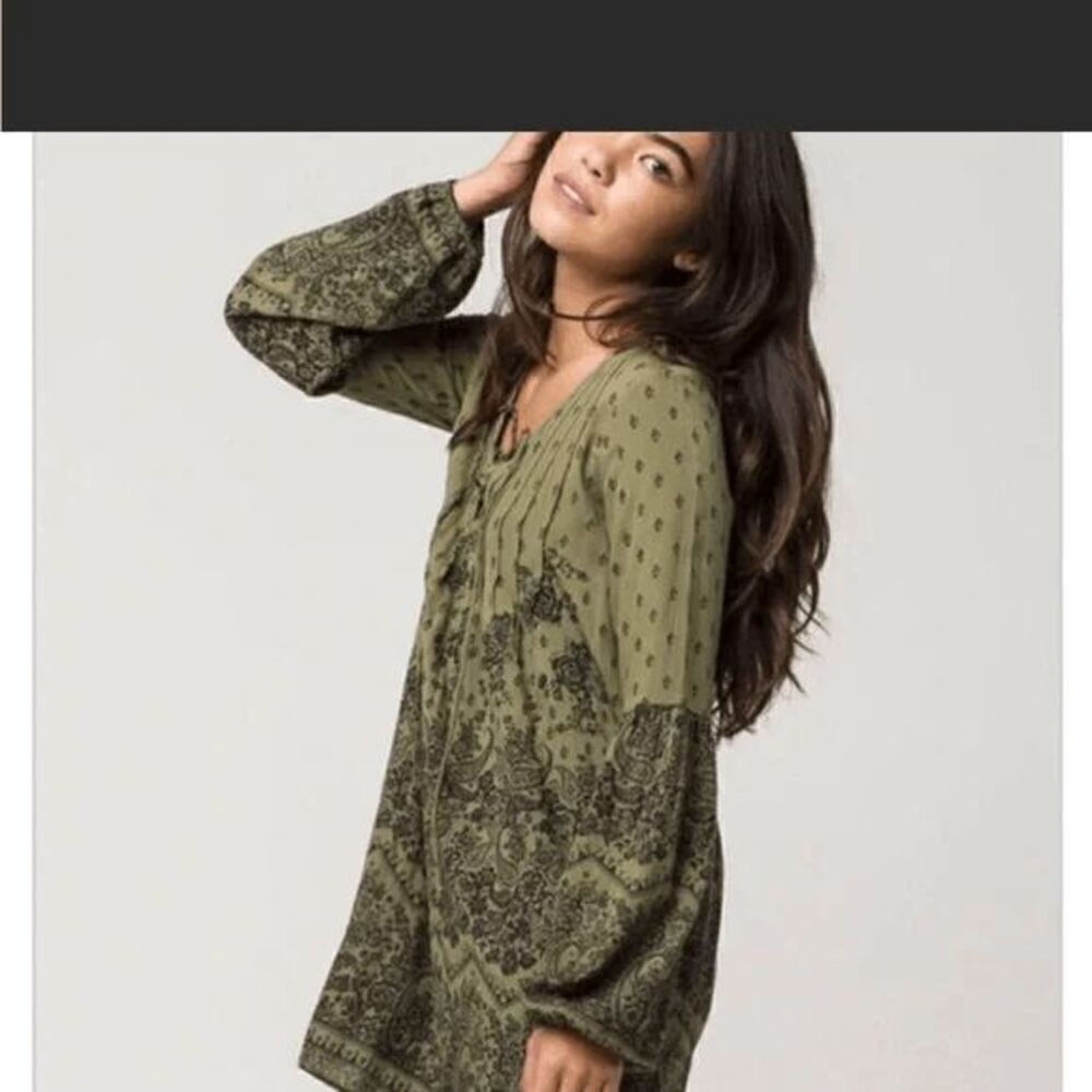 Billabong Olive Green Black Paisley Boho Tunic Mini Dress Small - Picture 9 of 10